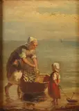 A.J. van Prooyen, Moeder en kind op strand, Olieverf op paneel