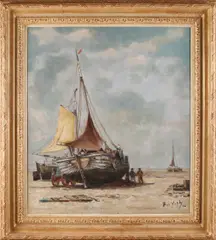 Bas Veth, Bomschuit met vissers, Olieverf op linnen