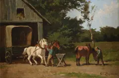 H.C. Bogman, Paarden voederplaats, Olieverf op linnen
