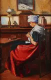 Handwerkende vrouw by Onduid. gesig., Olieverf op linnen, sold Jan 2019