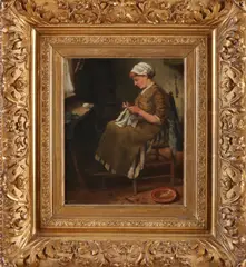 E. Schalbroek, Handwerkende vrouw, Olieverf op paneel