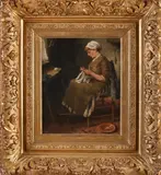 E. Schalbroek, Handwerkende vrouw, Olieverf op paneel