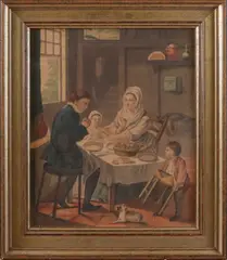 Fries interieur bidden voor eten by J. Jelgershuis, Aquarel op papier, sold Jan 2019