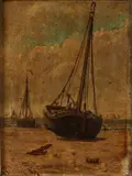 Bomschuiten op het strand by Onduid. gesig., 1885, Olieverf op paneel, sold Jan 2019