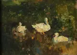 Landschap met drie eenden by Onduid. gesig., Olieverf op paneel, sold Jan 2019