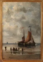 A. Bonnhorst, Bomschuiten op strand met vissersvolk, Olieverf op linnen