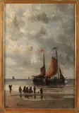 A. Bonnhorst, Bomschuiten op strand met vissersvolk, Olieverf op linnen