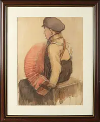 Evert Rabbers, Jongen speel accordeon, Aquarel op papier