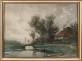 Johannes Gijsbert Vogel, Hollands landschap met boerderij en bruggetje, Aquarel op papier
