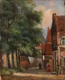 Dorpsgezicht met figuren by Onduid. gesig., Olieverf op paneel, sold Jan 2019