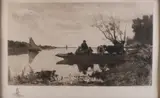 Antieke gravure van Jacob Maris, Landschap met boot, Antieke gravure van Jacob Maris