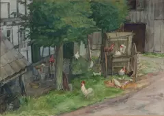 C. Koppenol, Boerderij met figuren en kippen, Aquarel op papier
