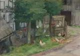 C. Koppenol, Boerderij met figuren en kippen, Aquarel op papier
