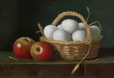 Stilleven met eieren en appels by C. Cornelisz, Olieverf op paneel, sold Jan 2019