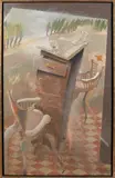 Reinhardt Zado, Landschap met ladenkastje etc.., 1951, Acryl op linnen