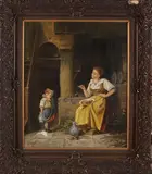 Onduid. gesig., Interieur met moeder en kind, Olieverf op linnen