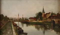 Monogram E.H., Dorpsgezicht met haven, Olieverf op linnen
