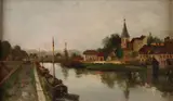 Monogram E.H., Dorpsgezicht met haven, Olieverf op linnen