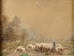 Martinus Nefkens, Herderin met schapen, Aquarel op papier