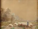 Martinus Nefkens, Herderin met schapen, Aquarel op papier