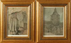 Twee maal Evert Rabbers, Plechelmuskerk/Figuren op markt, Gemengde techniek op papier