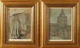 Twee maal Evert Rabbers, Plechelmuskerk/Figuren op markt, Gemengde techniek op papier