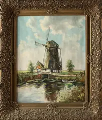 W. v.d. Velde, Windmolen aan het water, Olieverf op linnen