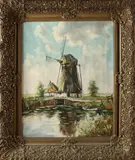 W. v.d. Velde, Windmolen aan het water, Olieverf op linnen