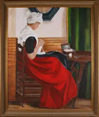 T. Pley-Jansen, Handwerkende vrouw, Olieverf op linnen