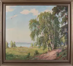 M. Zschuckelt, Landschap met meer en zeilboten, Olieverf op paneel