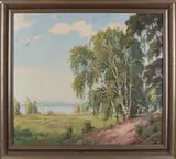 M. Zschuckelt, Landschap met meer en zeilboten, Olieverf op paneel