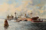 L. Scheen, Havengezicht R'dam met Euromast, Olieverf op paneel