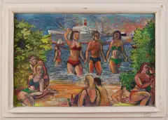 M. Boekholt, Strandgezicht met figuren, Olieverf op paneel