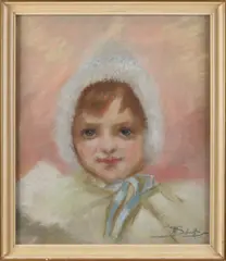 Th. Schwartze, Portret kind met muts, Gouache op papier
