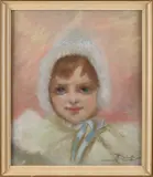 Th. Schwartze, Portret kind met muts, Gouache op papier