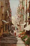 Onduid. gesig., Stadsgezicht met bloemenmarkt, Olieverf op linnen