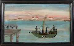 Monogram Q, Stoomboot op bergmeer, Olieverf op paneel