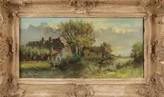Jan J. Stap, Hollands landschap met huis en punter in vaart, Olieverf op linnen
