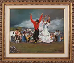 A. de Pablos '99, Flamingo danseres in landschap, Olieverf op linnen