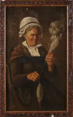 E.J. Metal?, Oude spinster, Olieverf op linnen