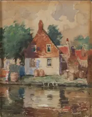 A. Funke, Grachtgezicht Katwijk, Aquarel op papier