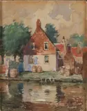 A. Funke, Grachtgezicht Katwijk, Aquarel op papier