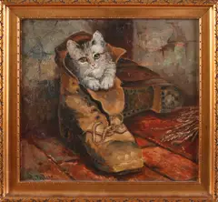 H. Thiele, Poesje in oude schoen, Olieverf op paneel