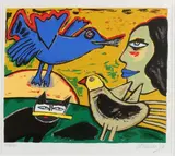 Guilliaume Corneille '96, Vrouw met duif, kat en vogel, Lithografie op papier