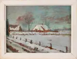Monogram H.B., Winters landschap met boerderij, Olieverf op paneel