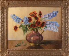 P. van Dalsum, Koperen kan met bloemen, Olieverf op linnen