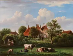 Jan van Ravenswaay, Hollandse boerderij, Verso etiket origineel Jan van Ravenzwaay Oosterhout etc