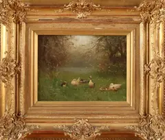 Eendenfamilie in het gras by Constant Artz, Olieverf op paneel, sold Oct 2018
