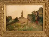 R. Graafland, Meisje in landschap, Olieverf op paneel