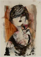 Guy Olivier, Dame met wijnglas, 2007, Gemengde techniek op papier